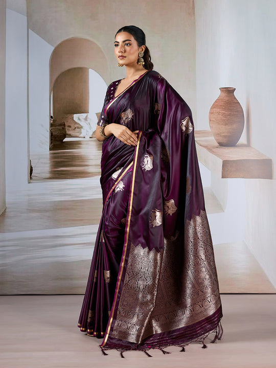 Wine Red Pure Satin Handloom Weaving Silk Saree With Blouse Piece Wine Red Pure Satin Handloom Weaving Silk Saree With Blouse Piece