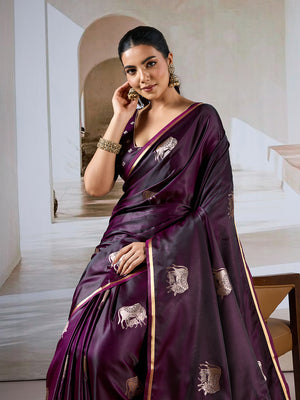 Wine Red Pure Satin Handloom Weaving Silk Saree With Blouse Piece