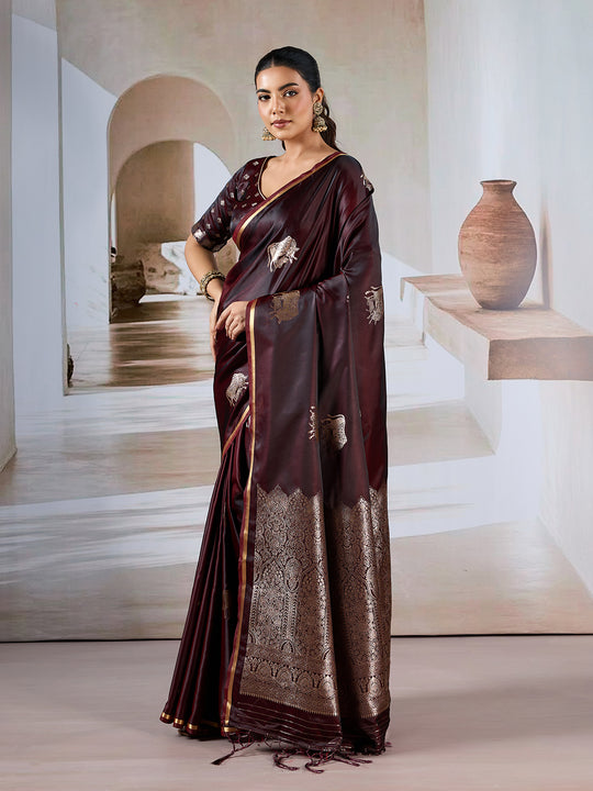 Brown Pure Satin Handloom Weaving Silk Saree With Blouse Piece Brown Pure Satin Handloom Weaving Silk Saree With Blouse Piece