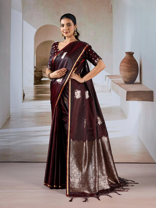 Brown Pure Satin Handloom Weaving Silk Saree With Blouse Piece Brown Pure Satin Handloom Weaving Silk Saree With Blouse Piece