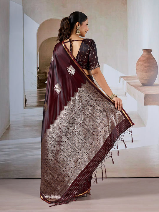 Brown Pure Satin Handloom Weaving Silk Saree With Blouse Piece Brown Pure Satin Handloom Weaving Silk Saree With Blouse Piece