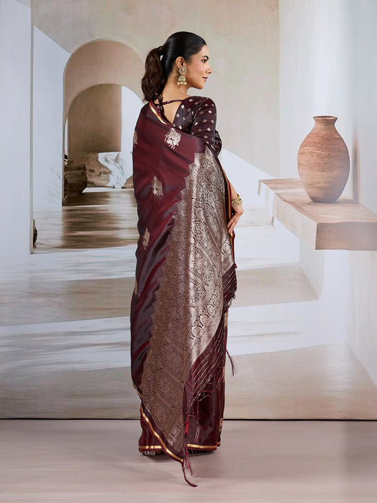 Brown Pure Satin Handloom Weaving Silk Saree With Blouse Piece Brown Pure Satin Handloom Weaving Silk Saree With Blouse Piece