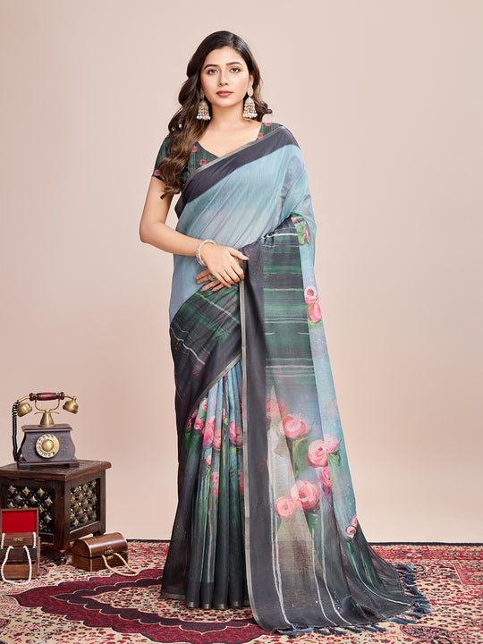 Sky Linen Blend Saree With Blouse Piece Sky Linen Blend Saree With Blouse Piece