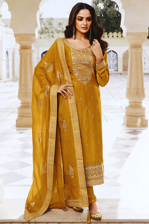 Marigold Yellow Dola Silk Salwar Suit