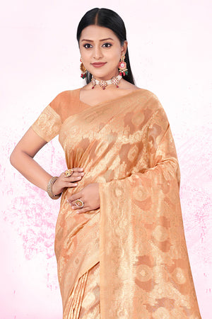 Peach Cotton Saree With Blouse Piece