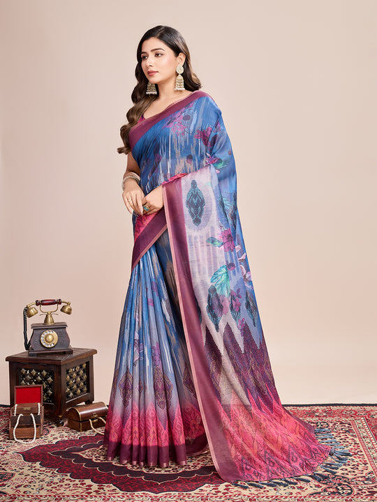 Blue Linen Blend Saree With Blouse Piece Blue Linen Blend Saree With Blouse Piece