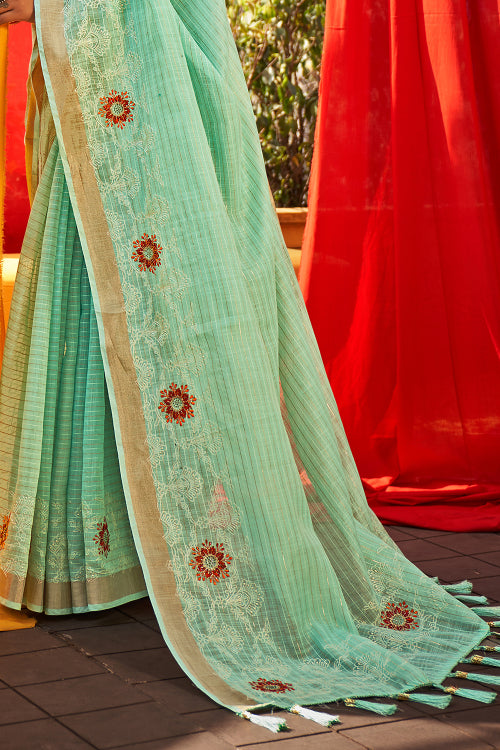 Turquoise Blue Linen Blend Saree Turquoise Blue Linen Blend Saree