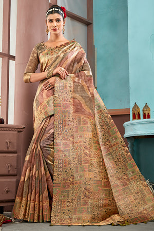 Beige And Brown Cotton Linen Blend Digital Saree