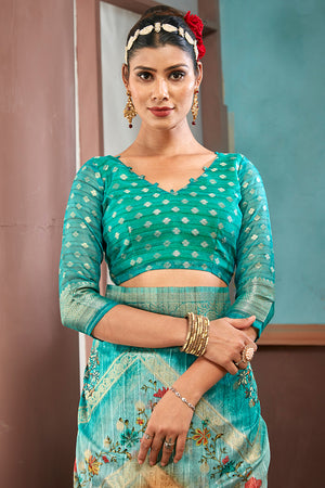 Rama Green Cotton Linen Blend NeoJacquard Digital Elegance Saree