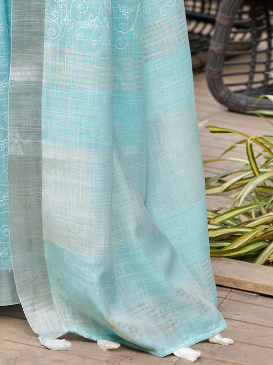 Blue Pure Linen Blend Saree With Blouse Piece Blue Pure Linen Blend Saree With Blouse Piece