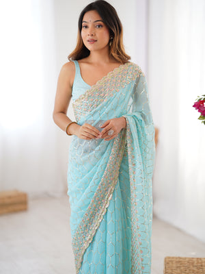 Sky Blue Georgette Sequins Embroidery Work With Cut Work Border Saree With Blouse Piece