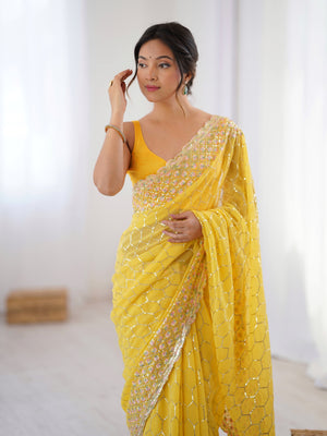 Yellow Georgette Sequins Embroidery Work With Cut Work Border Saree With Blouse Piece