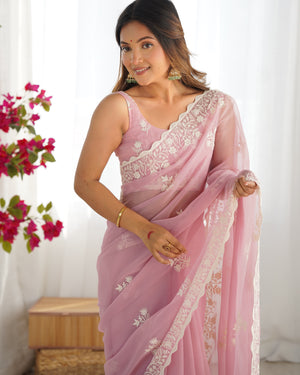 Pink Shimmer Silk Sequins Embroidery Work With Cut Work Border Saree With Blouse Piece
