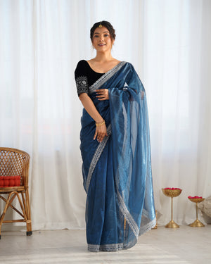 Blue Twill Net 3 Mm Seqwance Work With Rich Gold Zari Work Saree With Blouse Piece