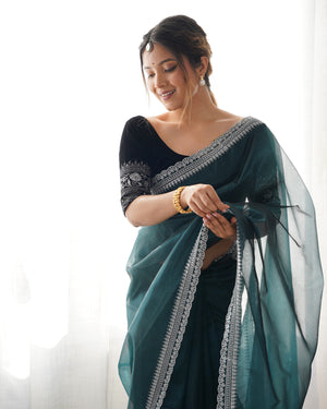 Teal Green Twill Net 3 Mm Seqwance Work With Rich Gold Zari Work Saree With Blouse Piece