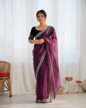 Wine Twill Net 3 Mm Seqwance Work With Rich Gold Zari Work Saree With Blouse Piece