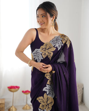 Purple Vichitra Silk Sequins Embroidery Work With Cut Work Border Saree With Blouse Piece