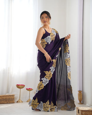 Purple Vichitra Silk Sequins Embroidery Work With Cut Work Border Saree With Blouse Piece