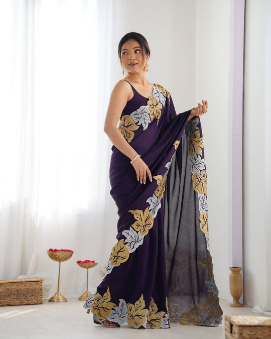 Purple Vichitra Silk Sequins Embroidery Work With Cut Work Border Saree With Blouse Piece Purple Vichitra Silk Sequins Embroidery Work With Cut Work Border Saree With Blouse Piece