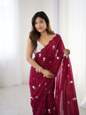 Red Fendy Satin Two Tone Sequins Handwork Laceborder Saree With Blouse Piece