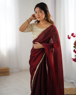 Red Fendy Satin Sequins Handwork Laceborder Saree With Blouse Piece