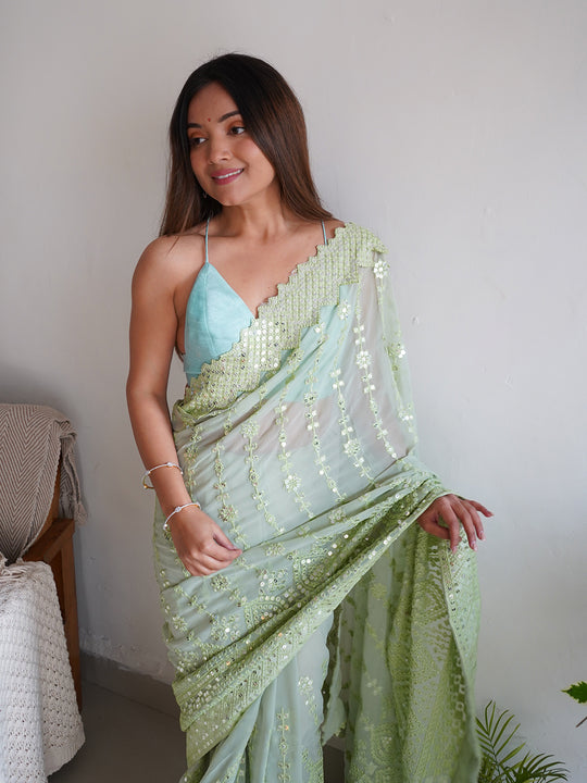 Pista Green Georgette Saree With Blouse Piece Pista Green Georgette Saree With Blouse Piece
