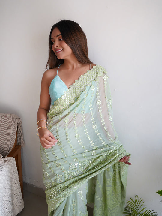 Pista Green Georgette Saree With Blouse Piece Pista Green Georgette Saree With Blouse Piece