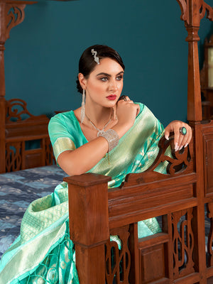 Blue Linen Festive Wear Saree With Blouse Piece