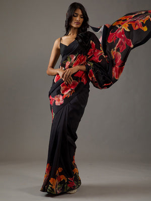 Black Moss Crepe Saree With Blouse Piece
