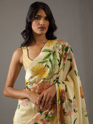 Yellow Moss Crepe Saree With Blouse Piece