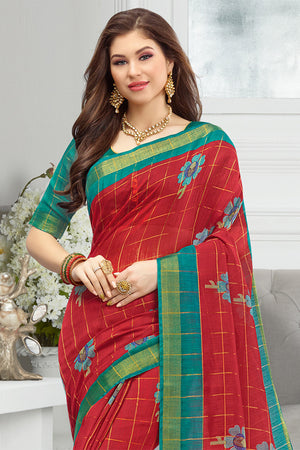 Red Cotton Saree With Blouse Piece