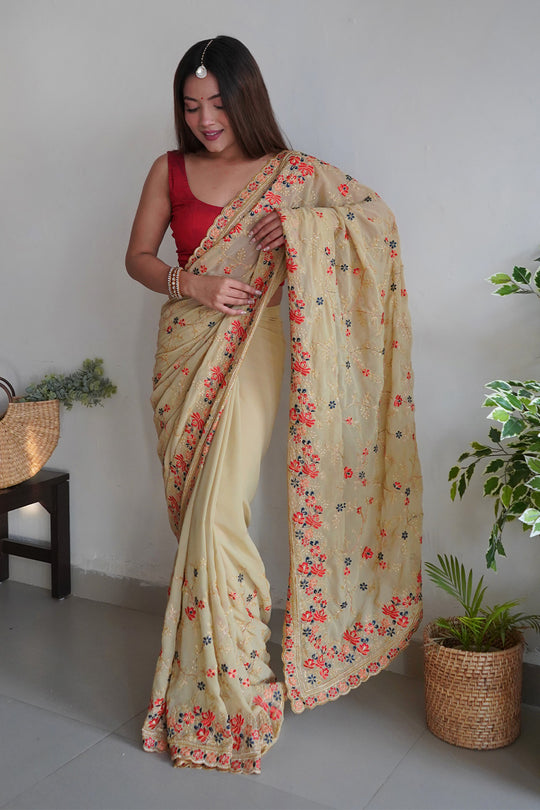 Beige Georgette Saree with Maroon Blouse Piece Beige Georgette Saree with Maroon Blouse Piece