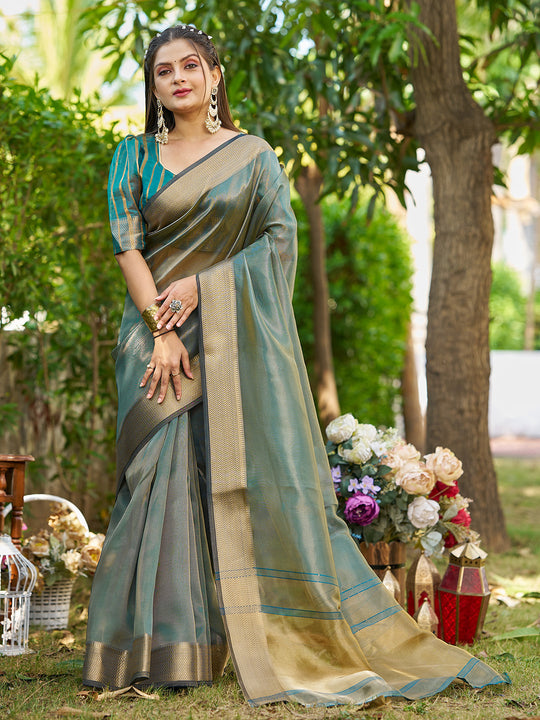 Firozi Tissue  Saree With Blouse Piece Firozi Tissue  Saree With Blouse Piece