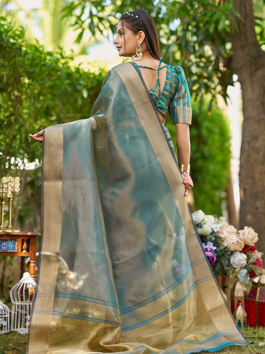 Firozi Tissue  Saree With Blouse Piece Firozi Tissue  Saree With Blouse Piece
