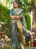 Firozi Tissue  Saree With Blouse Piece Firozi Tissue  Saree With Blouse Piece