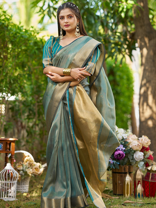Firozi Tissue  Saree With Blouse Piece Firozi Tissue  Saree With Blouse Piece