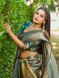 Firozi Tissue  Saree With Blouse Piece Firozi Tissue  Saree With Blouse Piece