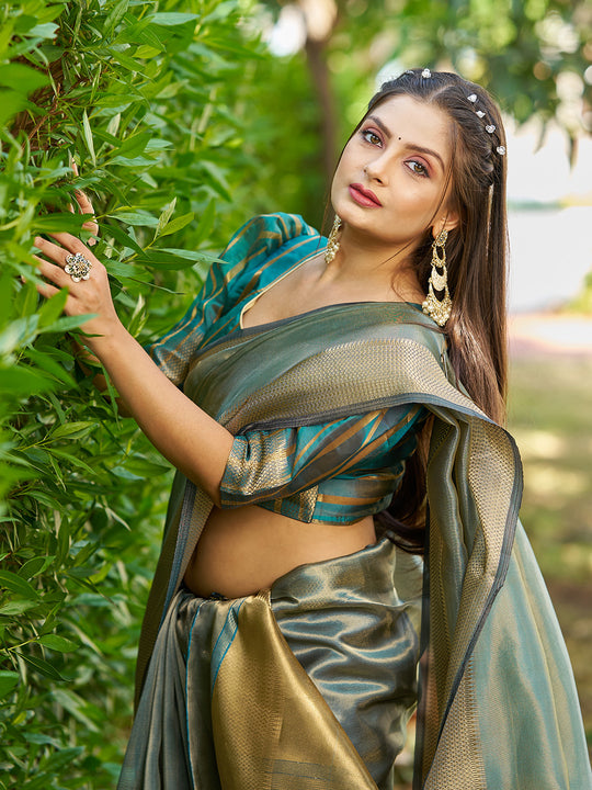 Firozi Tissue  Saree With Blouse Piece Firozi Tissue  Saree With Blouse Piece