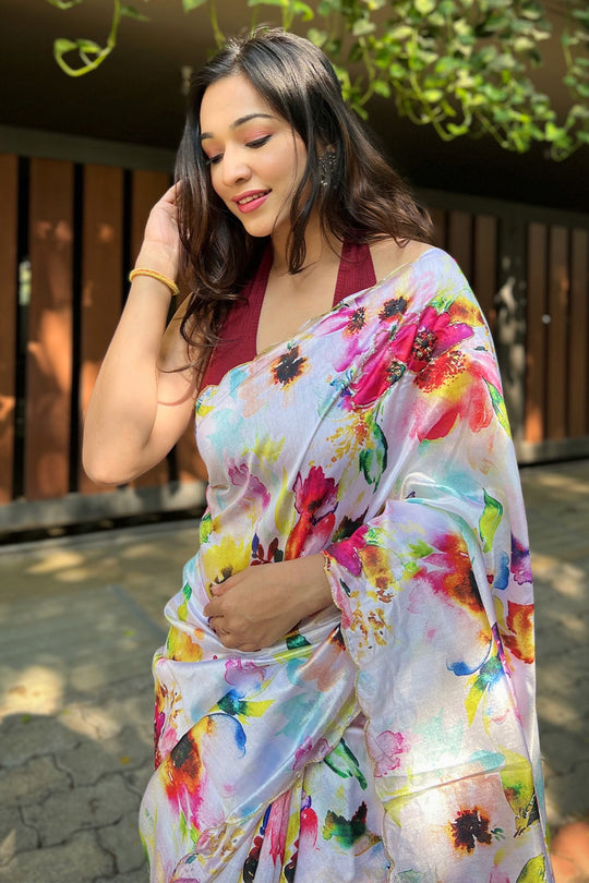 White Organza Saree with Maroon Blouse Piece White Organza Saree with Maroon Blouse Piece