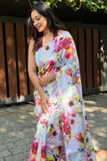 White Organza Saree with Maroon Blouse Piece White Organza Saree with Maroon Blouse Piece