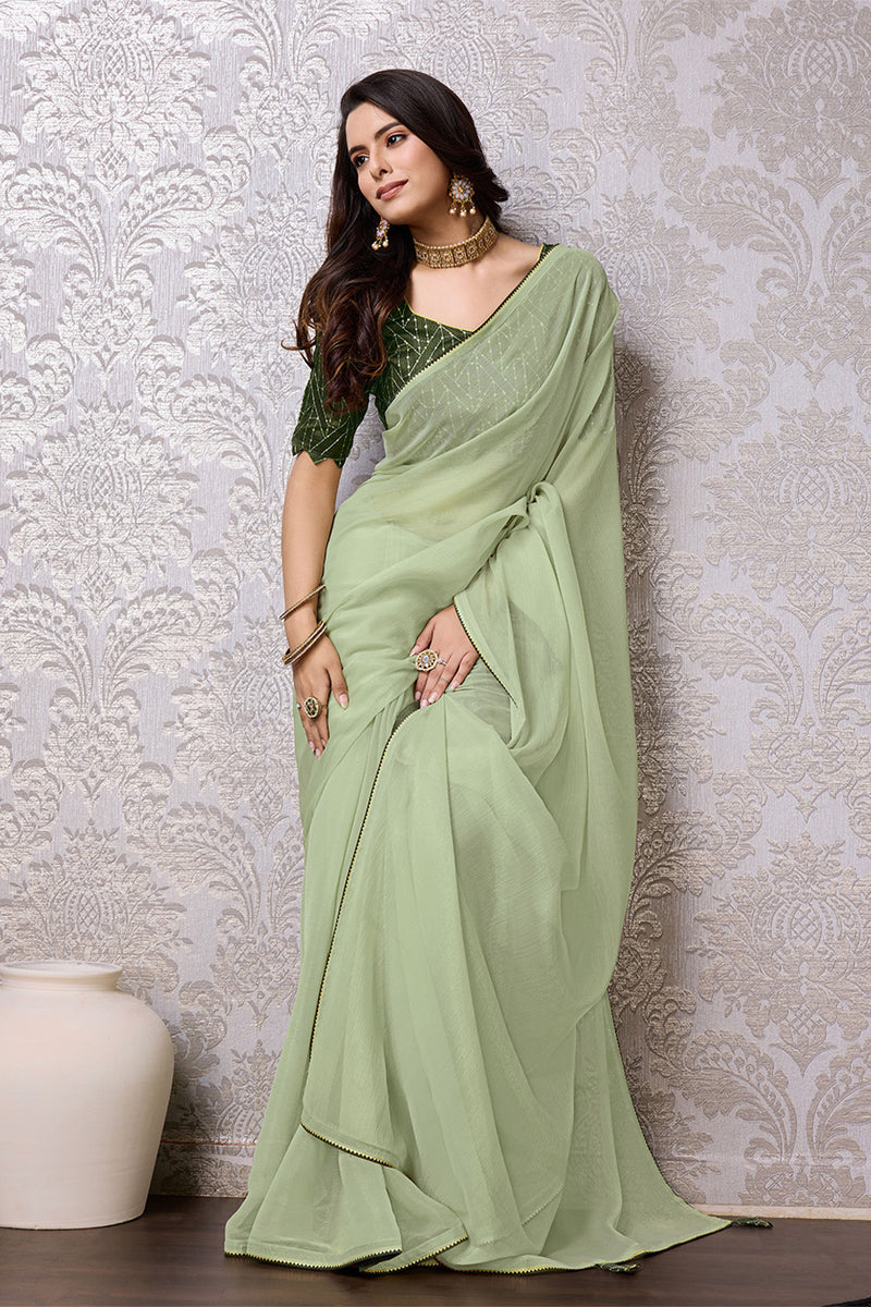 Buy Pista Green Chiffon Saree With Blouse Piece 71809 Online