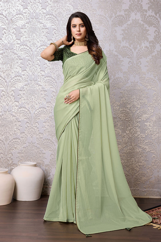 Pista Green Chiffon Saree With Blouse Piece Pista Green Chiffon Saree With Blouse Piece