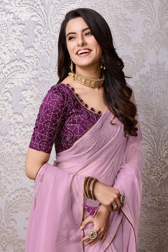 Purple Chiffon Saree With Blouse Piece Purple Chiffon Saree With Blouse Piece