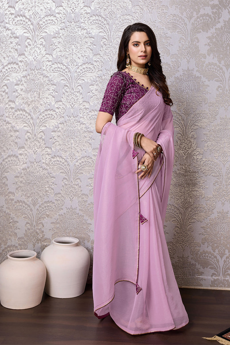 Women's Chiffon Purple Embellished Designer Saree With Blouse Piece