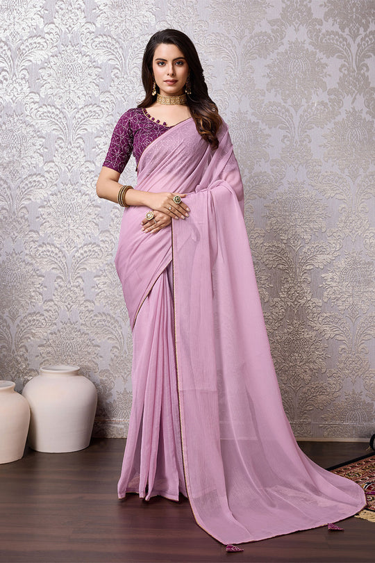 Purple Chiffon Saree With Blouse Piece Purple Chiffon Saree With Blouse Piece