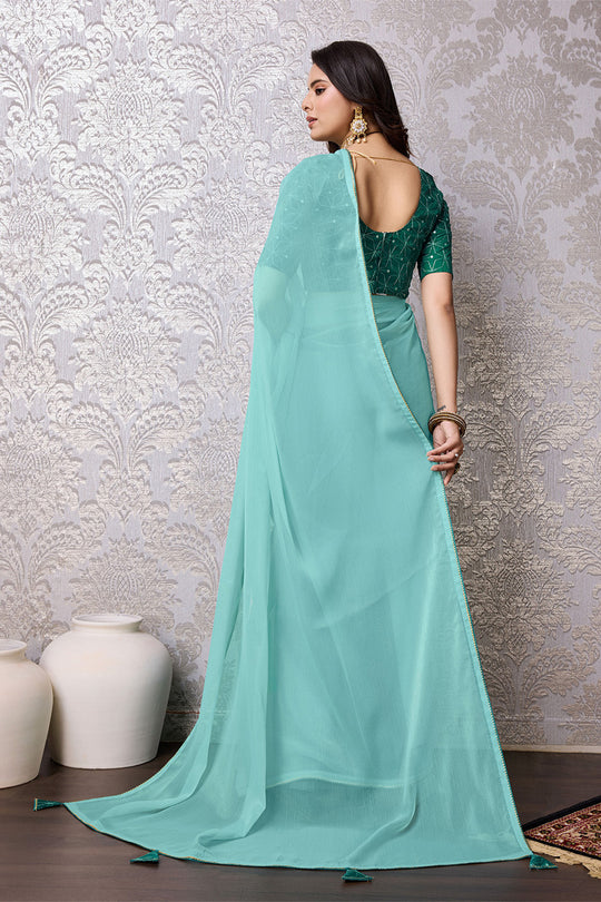 Teal Chiffon Saree With Blouse Piece Teal Chiffon Saree With Blouse Piece