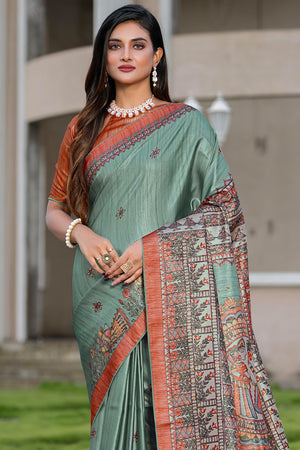 Firozi Green Satin Saree