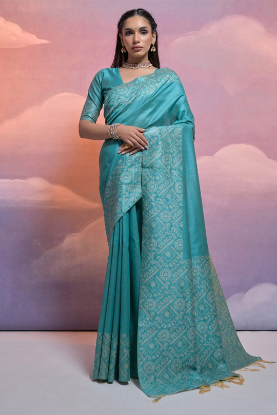 Teal Silk Blend Saree With Blouse Piece Teal Silk Blend Saree With Blouse Piece