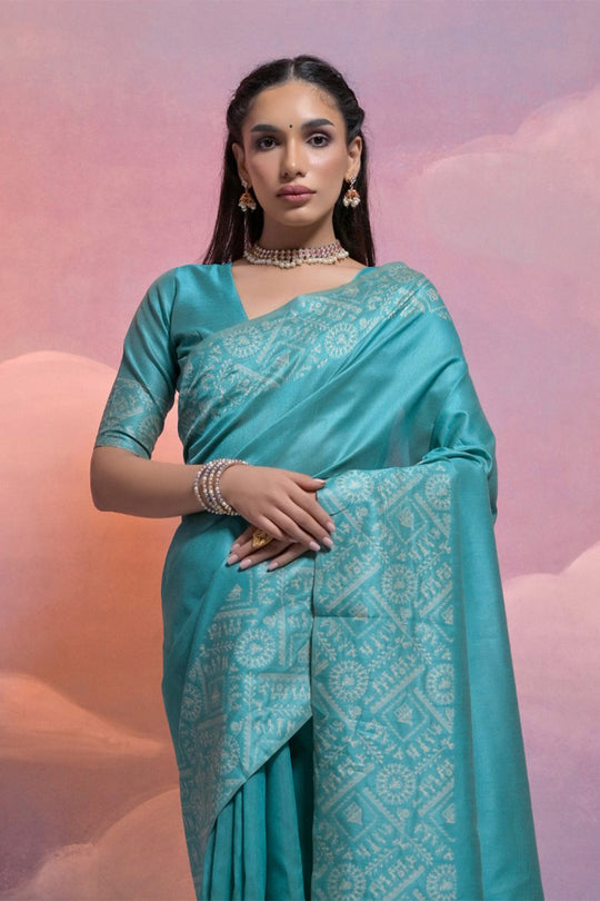 Teal Silk Blend Saree With Blouse Piece Teal Silk Blend Saree With Blouse Piece