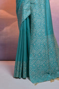 Teal Silk Blend Saree With Blouse Piece Teal Silk Blend Saree With Blouse Piece